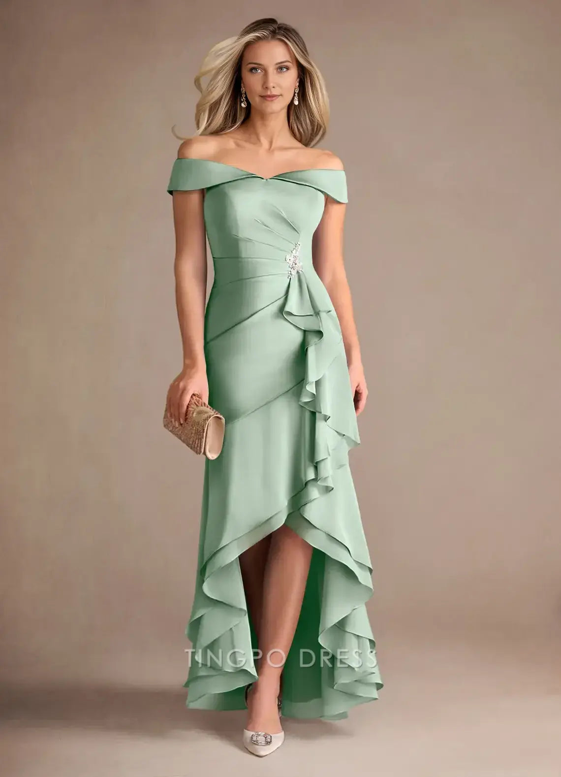 TingPo Wholesale Elegant Mother of the Bride Agave Mermaid Off the Shoulder Stretch Satin Dress hot sale for ladies
